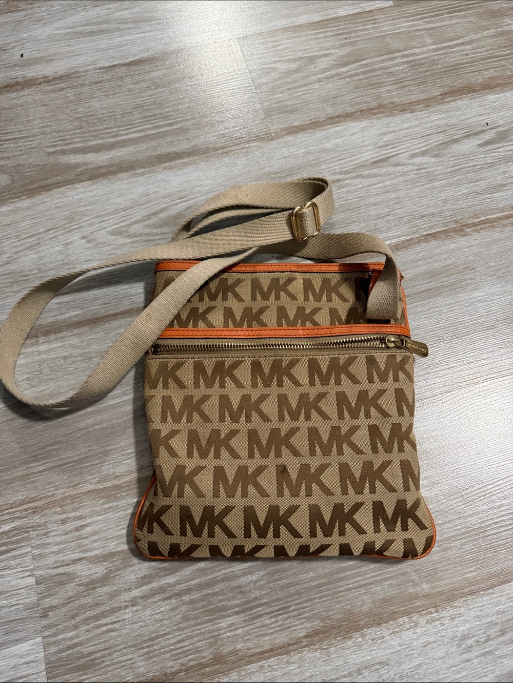 Michael Kors Brown MK Logo Crossbody with Orange Trim